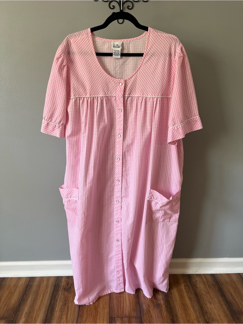 Carole Pink Gingham Seersucker Snap-Front House Dress w/ Pockets 2X Cottagecore